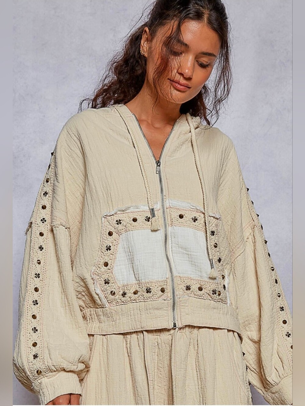 NEW!! 2 PC Set POL Studded Cream Boho Textured Two-Piece Set, Sz Large, NWT - Picture 3 of 8